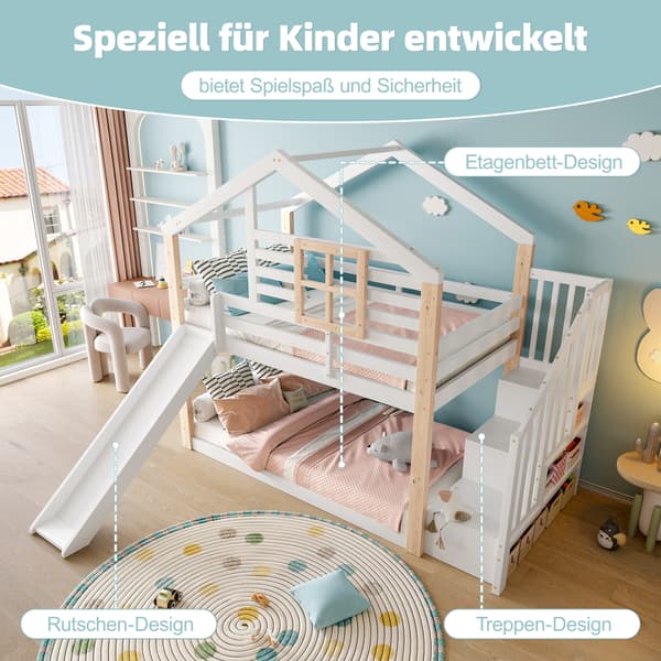 Køjeseng, hvid, med opbevaring, med sengegavl