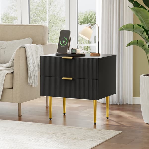 SONNENH Black Wave Pattern Bedside Table med 2 Drawers sovrumssängbord Modern sängbord med metall ben 1 bit