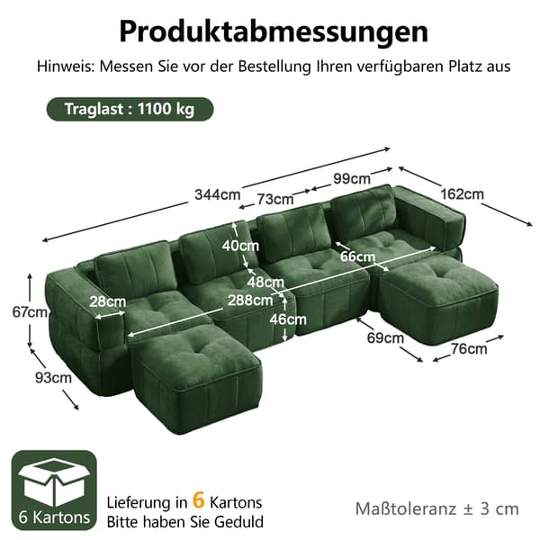 SONNENH U-formet sofa, Polyester, Grøn, 344 × 162 × 67 cm