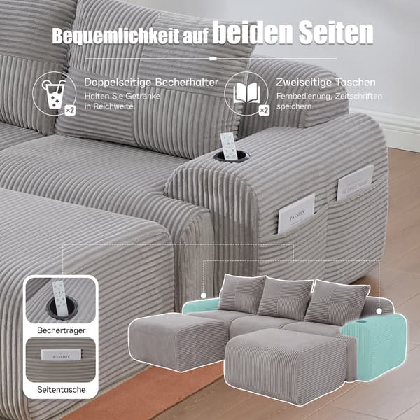 SONNENH Sofa, Fløjl, Lysegrå, 268 × 174 × 80 cm