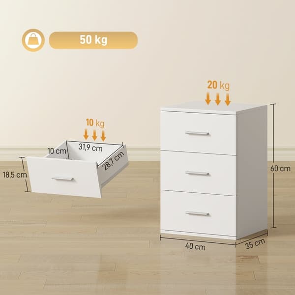 SONNENH 3 Drawer Bedside Table Side Chest för sovrum MDF White