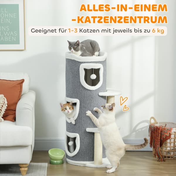 SONNENH 101 cm kattekrads, 3 niveauer, 3 sovehuler, legebolde, kradsetræ, sisal, spånplade, grå