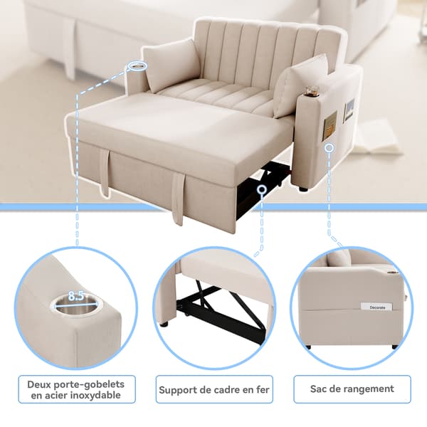 SONNENH Modern multifunctionell soffa, bäddsoffa, bäddsoffa med sovfunktion, dubbelsoffa med justerbart ryggstöd, med kopp hållare och kudde