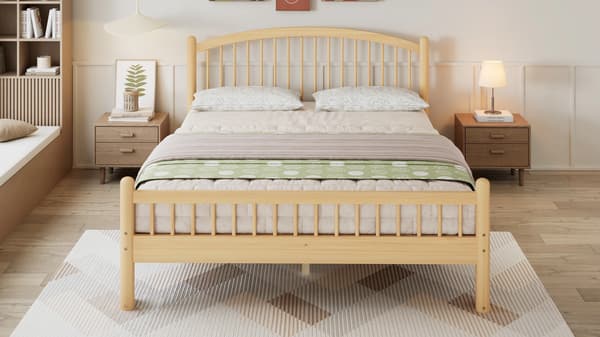 SONNENH Solid træ seng, Simple Minimalistisk Design, Classic Slatted Headboard, Sturdy Slatted Base, Universal Single Bed, Natural, 140x200cm