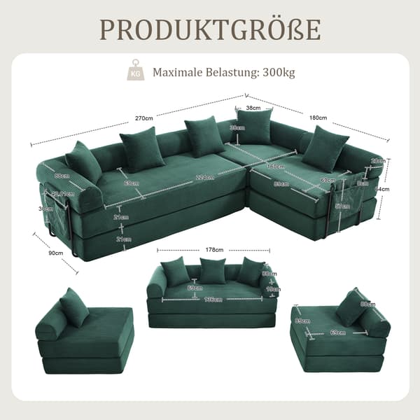SONNENH Sofa, Fløjl, Smaragdgrøn, 270 × 180 × 64 cm