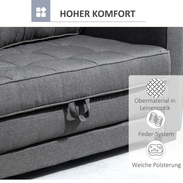 SONNENH Bäddsoffa, hopfällbar soffa, 2-sits, bäddsoffa med sovfunktion, linnetouch, gummiträ, grå, 147,5x75x85 cm