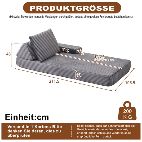 SONNENH Sofa, Fløjl, Grå, 211,5 × 106,5 × 48 cm