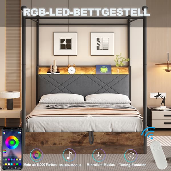 Børneseng, 140 x 190 cm, sort, med opbevaring, med løftefunktion, med LED
