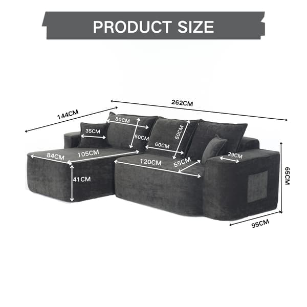 SONNENH L-formad hörnsoffa "Cloud Sofa", 264 cm (104") med divan, XXL låg sittplats, ingen montering