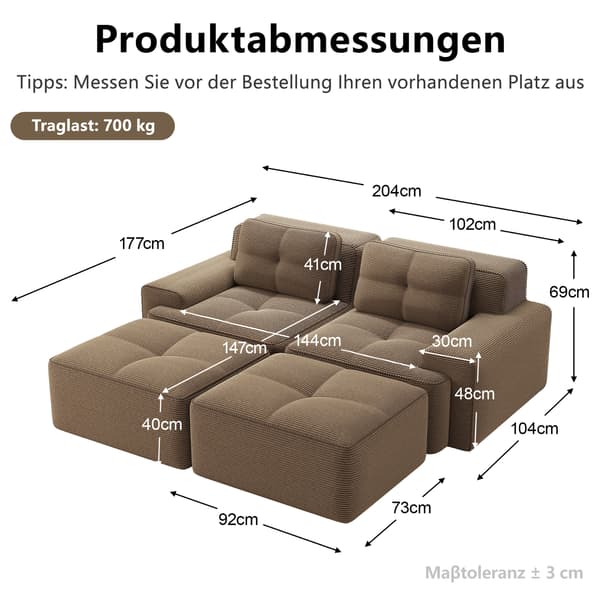 SONNENH Cloud Modular Sofa Boneless U- Shaped Sofa, Komfortabel Corduroy Cloud Sofa, Modular Sofa med Ottoman, Modular Two-Seater Sofa