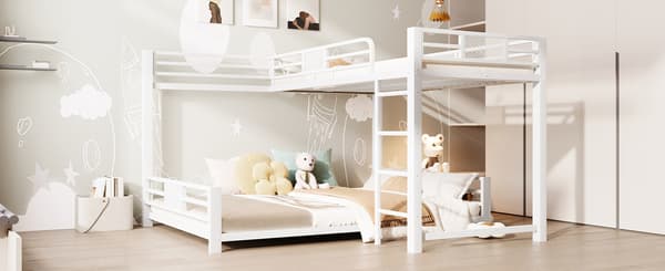SONNENH L-formad metall Loft Bed 90x200 över 140x200, vit