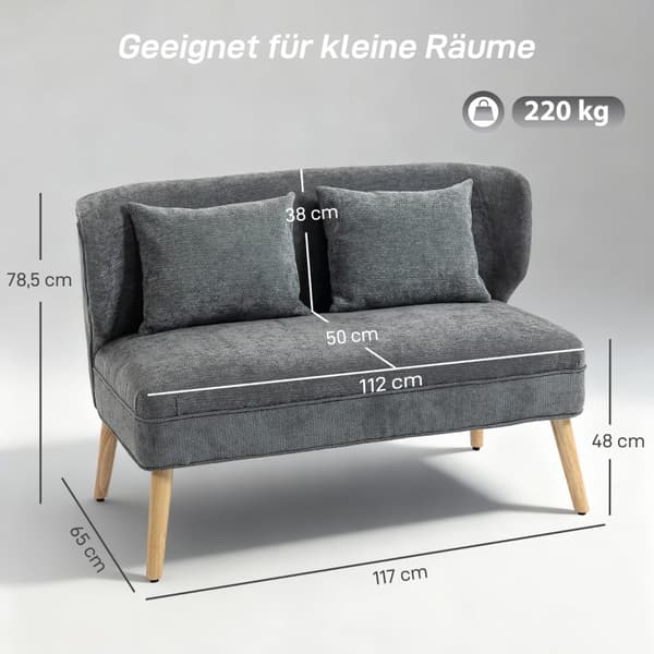 SONNENH 2 Sæder Sofa lille fløj tilbage Chenille Sofa Tyk Sæde Gummitræ Feet Gray