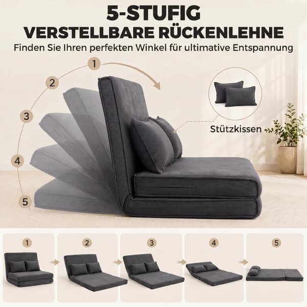 SONNENH Gulvstol med Ryglæn, Ledningsfoldbar Sofa som Gæsteseng, Justerbart Ryglæn, Bred Sæde, Mørkegrå