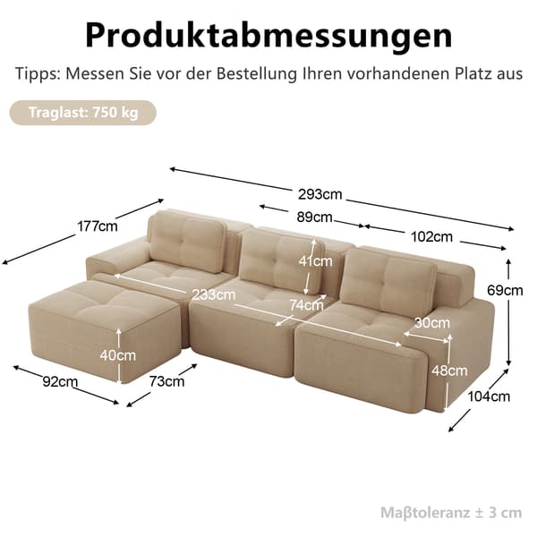 SONNENH Cloud Modular Sofa Boneless L Formet Sofa, Modular Sofa med Ottoman, Modular Cloud Sofa, 3 Sæder Corduroy Cloud Sofa til levende værelse