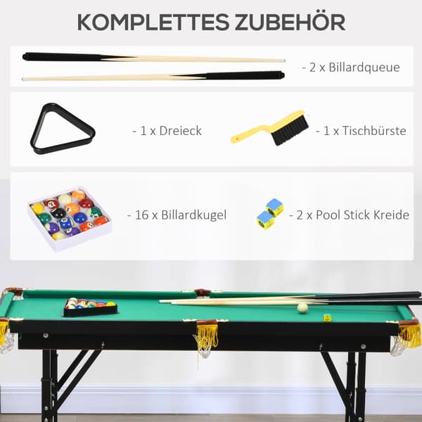 SONNENH Billardbord, foldbart, højdejusterbart, inkl. trekant/2 køer/16 kugler, grøn
