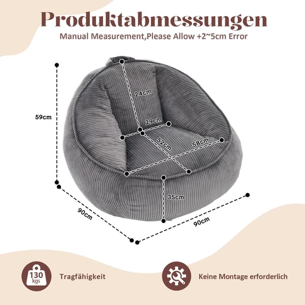 SONNENH Säckstol, Säckstol för vuxna och barn, för vardagsrum, sovrum, lekrum, kontor - Medium (Ljusgrå)
