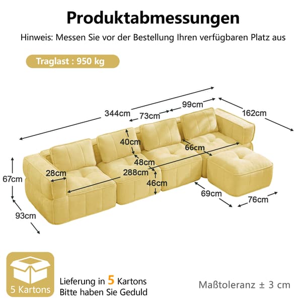 SONNENH Hjørnesofa, Polyester, Gul, 344 × 162 × 67 cm