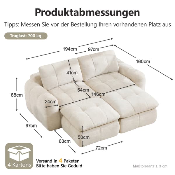 SONNENH 2-sæders frameløs cloud modulær sofa, quiltet check design, chenille dækning, bred og dyb siddeplads, frit kombinerbare