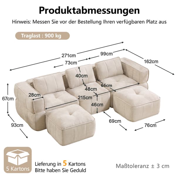 SONNENH 3-sitssoffa, Polyester, Beige, 271 × 162 × 67 cm