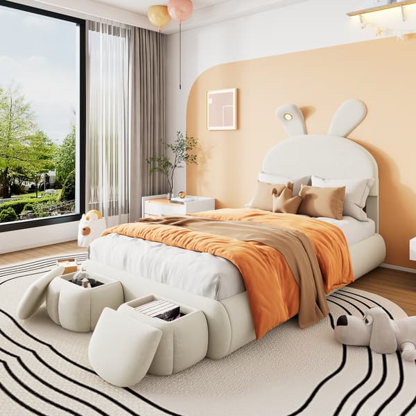Barnsäng, 90 x 200 cm, beige, med förvaring, med LED, med lamellbotten