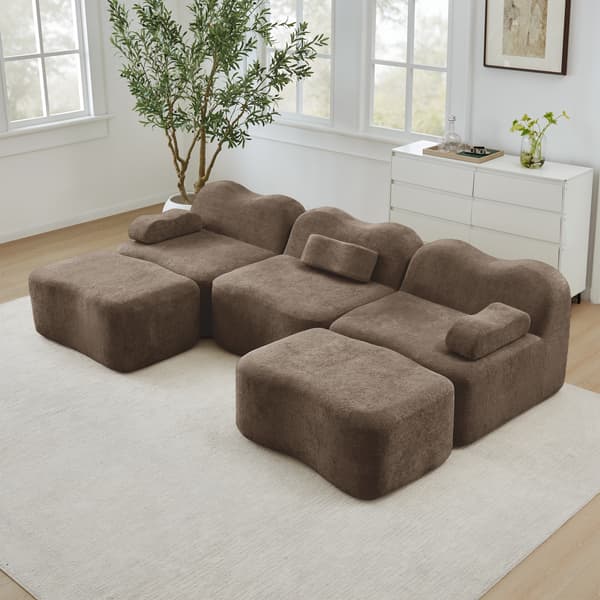 SONNENH 3 Seater U-formad Modular Boneless Sofa med 2 Ottomans, 32D High Density Foam, Wave Shape, Deep Seat, Movable Armrest Cushion