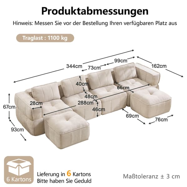 SONNENH U-formet sofa, Polyester, Beige, 344 × 162 × 67 cm
