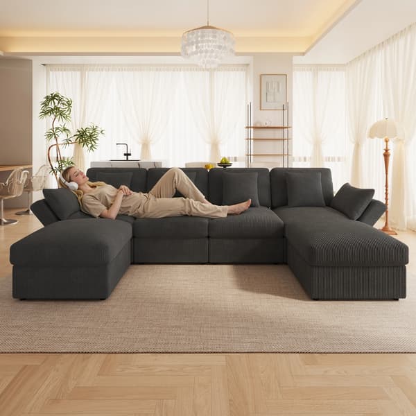 SONNENH U-formet sofa, Fløjl, Grå, 290 × 159,5 × 89 cm