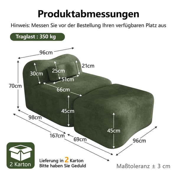 SONNENH Sofa, Velour, Grøn, 96 × 167 × 70 cm