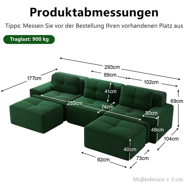 SONNENH Cloud Modular Sofa Boneless U Shaped Sofa, Modular Sofa med Ottoman, Modular Cloud Sofa, 3 Sæder Corduroy Cloud Sofa til levende værelse