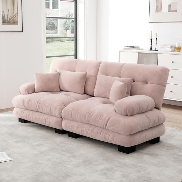 SONNENH Cloud hörn soffa för vardagsrum, chenille dubbel soffa med 2 lumbar kuddar och 2 dekorativa kuddar, solid trä ram, chenille rosa