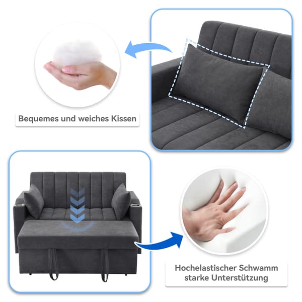 SONNENH Modern multifunctionell soffa, bäddsoffa, bäddsoffa med sovfunktion, dubbelsoffa med justerbart ryggstöd, med kopp hållare och kudde