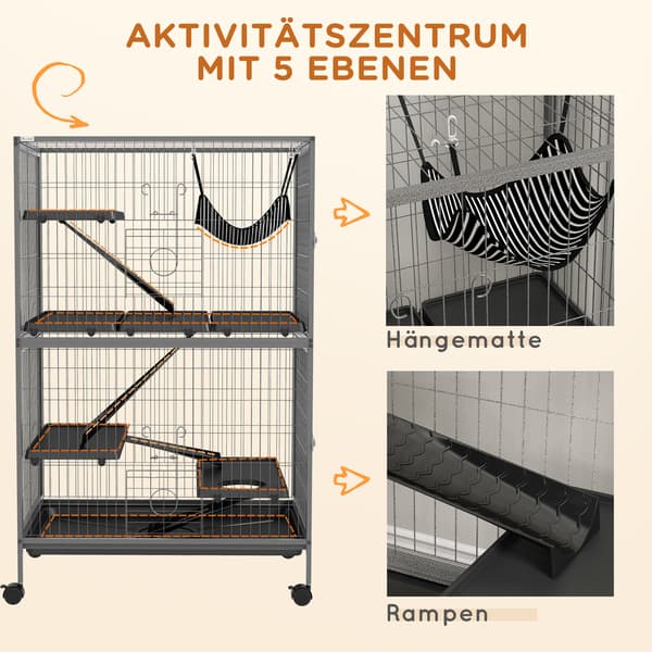 SONNENH Bur til gnavere Multifunktionelt 4 platforme 3 ramper 4 døre Mål 80L x 52B x 128H cm Stål Grå Sølv Sort