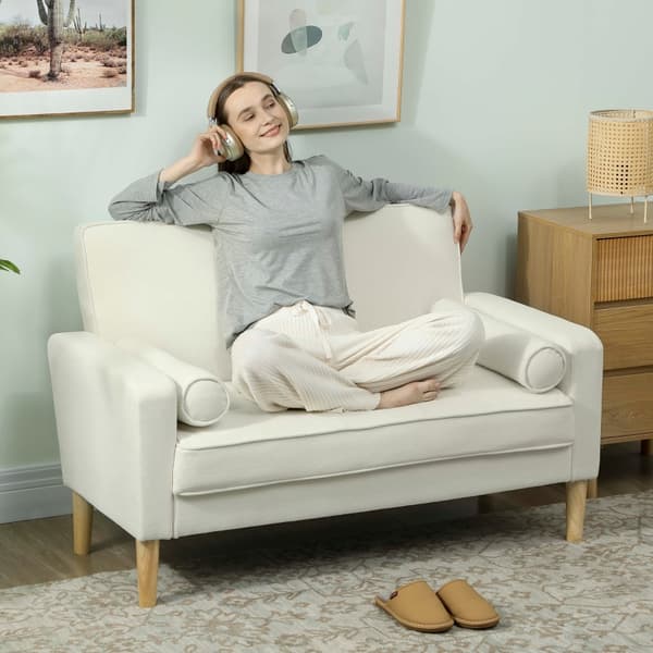 SONNENH 2-sits soffa Dubbelsitssoffa med gummiträben Stoppad soffa för vardagsrummet Sovrum Creme White