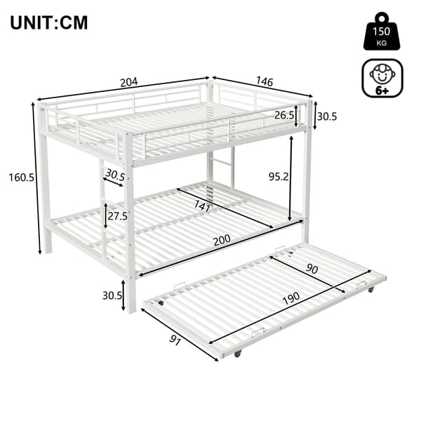 SONNENH 140 * 200cm bunkseng, Iron Frame Bed, Børneseng, udstyret med Pull- out Bed, High Railings, uden Mattress, White