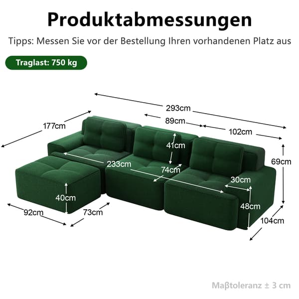 SONNENH Cloud Modular Sofa Boneless L Shaped Sofa, Modular Sofa med Ottoman, Modular Cloud Sofa, 3 Seater Corduroy Cloud Sofa för vardagsrum