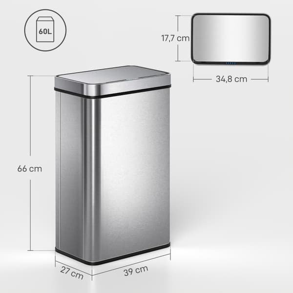 SONNENH 60 L sensor-soptunna, automatisk lock, rostfritt stål, mångsidig användning, silverfärg