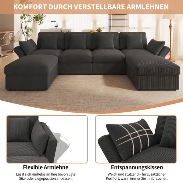 SONNENH U-formet sofa, Fløjl, Grå, 290 × 159,5 × 89 cm