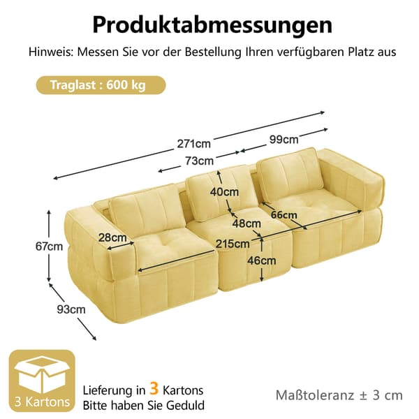 SONNENH 3-sitssoffa, Polyester, Gul, 271 × 93 × 67 cm