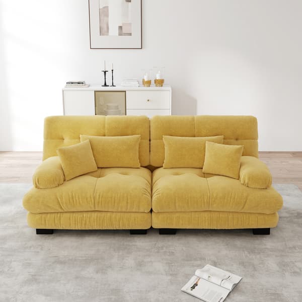 SONNENH Cloud Corner Sofa til stue, Chenille Double Sofa med 2 Lumbar Cushions og 2 Dekorative Cushions, Solid træ ramme, Gul