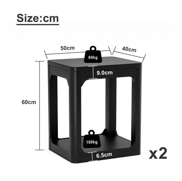 SONNENH Sidebord – sæt med 2, MDF, Sort, 50 × 40 × 60 cm
