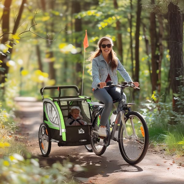 SONNENH 2-i-1 Cykeltrailer til 2 Børn, Skubbefunktion, Regn Dækning, Bremse, Grøn