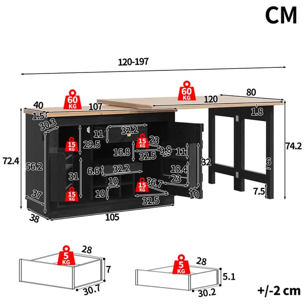 SONNENH Køkkenø, MDF, Sort, 120 × 40 × 74,2 cm