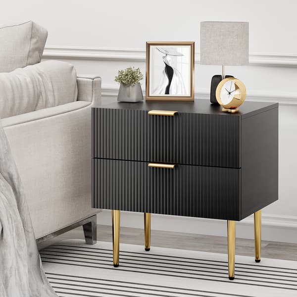 SONNENH Black Wave Pattern Bedside Table med 2 Drawers sovrumssängbord Modern sängbord med metall ben 1 bit