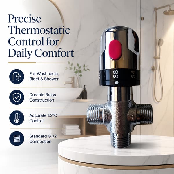 G1/2 termostatisk blandeventil i messing, 35–45 °C, til bidet, håndvask og bruser