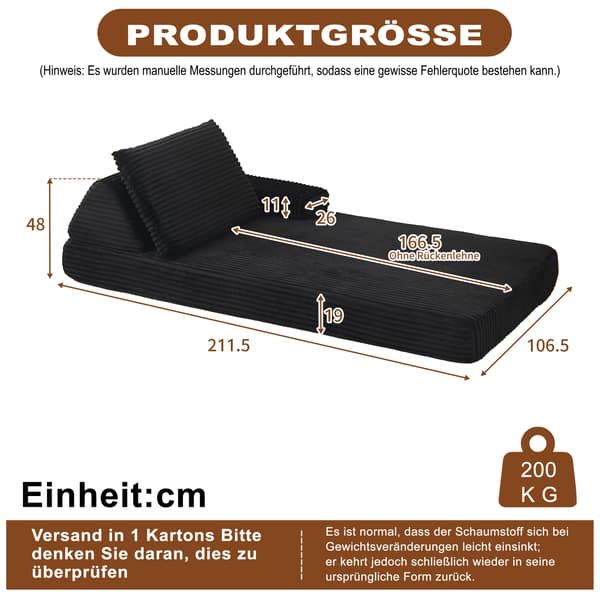 SONNENH Sofa, Fløjl / Skum, Sort, 211,5 × 106,5 × 48 cm