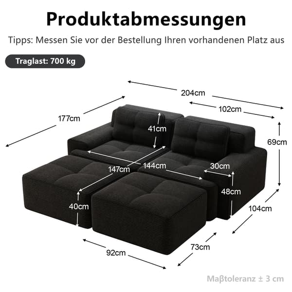 SONNENH Cloud Modular Sofa Boneless U- Shaped Sofa, Komfortabel Corduroy Cloud Sofa, Modular Sofa med Ottoman, Modular Two-Seater Sofa