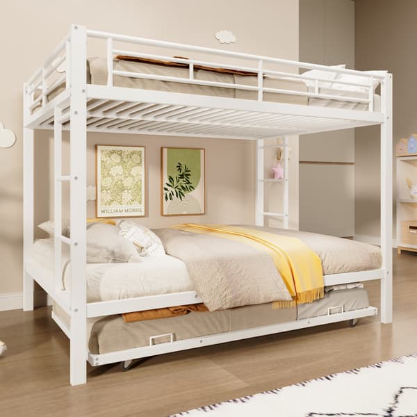 SONNENH 140 * 200cm bunkseng, Iron Frame Bed, Børneseng, udstyret med Pull- out Bed, High Railings, uden Mattress, White
