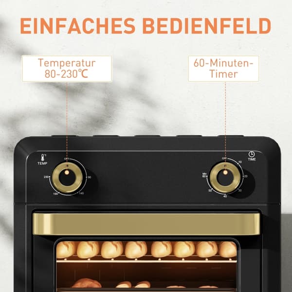 SONNENH Miniovn med varmluft, airfryer, timer, indvendig belysning, 10L, sort