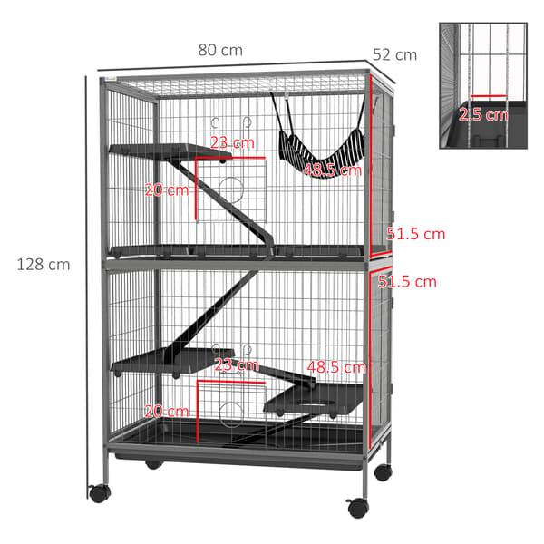 SONNENH Bur til gnavere Multifunktionelt 4 platforme 3 ramper 4 døre Mål 80L x 52B x 128H cm Stål Grå Sølv Sort