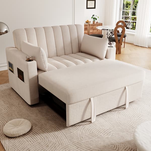 SONNENH Modern multifunctionell soffa, bäddsoffa, bäddsoffa med sovfunktion, dubbelsoffa med justerbart ryggstöd, med kopp hållare och kudde